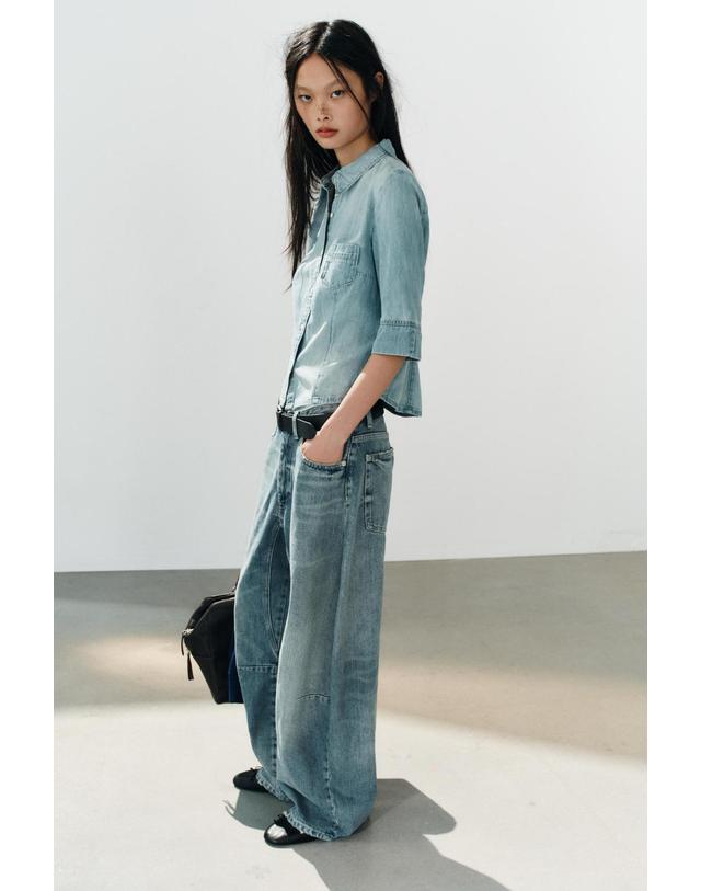 자라 자라 슬림핏 포켓 7부 소매 데님 셔츠 5252/261/406 LIGHT BLUE 블루 착용컷