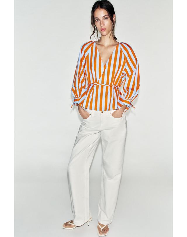 자라 자라 스트라이프 벨트 브이넥 긴팔 셔츠 7093/320/104 STRIPED 멀티컬러 착용컷
