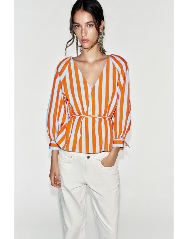 자라 자라 스트라이프 벨트 브이넥 긴팔 셔츠 7093/320/104 STRIPED 멀티컬러 착용컷