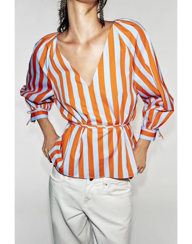 자라 자라 스트라이프 벨트 브이넥 긴팔 셔츠 7093/320/104 STRIPED 멀티컬러 착용컷