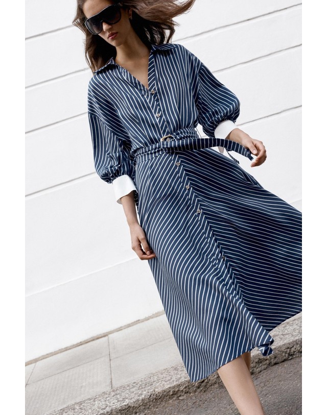 자라 자라 스트라이프 벨트 미디 원피스 5029/206/043 NAVY / WHITE 멀티컬러 착용컷