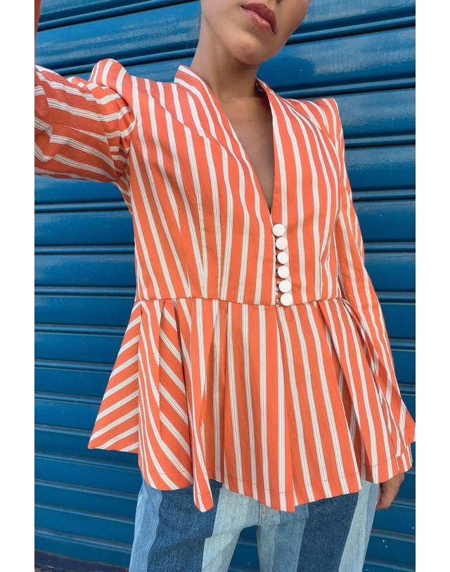 자라 자라 스트라이프 테일러드 블레이저 7930/598/048 WHITE-ORANGE 멀티컬러 착용컷