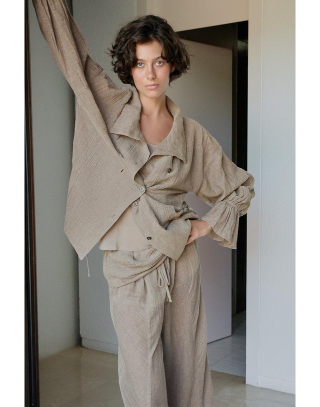 자라 자라 린넨 블렌드 타이 긴팔 셔츠 0392/705/737 BROWN / TAUPE 베이지 착용컷