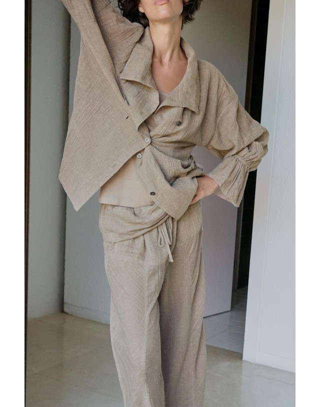 자라 자라 린넨 블렌드 타이 긴팔 셔츠 0392/705/737 BROWN / TAUPE 베이지 착용컷