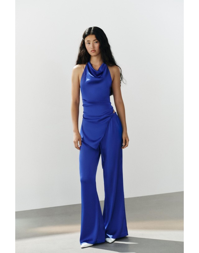자라 자라 새틴 드로스트링 와이드 팬츠 1255/480/446 ELECTRIC BLUE 블루 착용컷
