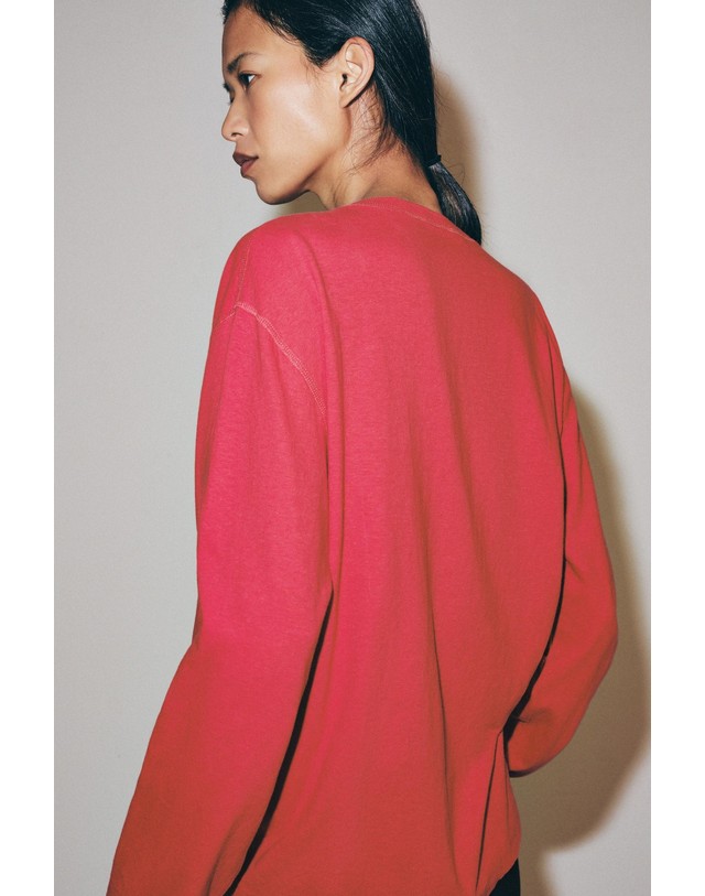 자라 자라 린넨 혼방 헨리넥 긴팔 티셔츠 0858/103/624 STRAWBERRY 핑크 착용컷
