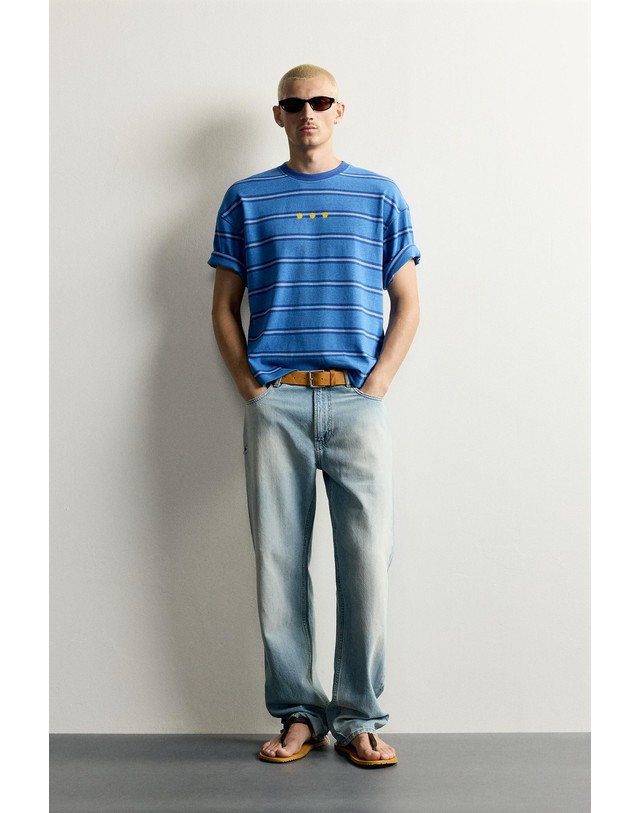 자라 자라 스트라이프 자카드 라운드넥 반팔 티셔츠 1165/308/200 BLUE / INDIGO 블루 착용컷