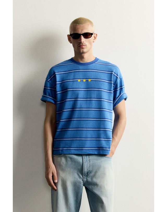 자라 자라 스트라이프 자카드 라운드넥 반팔 티셔츠 1165/308/200 BLUE / INDIGO 블루 착용컷