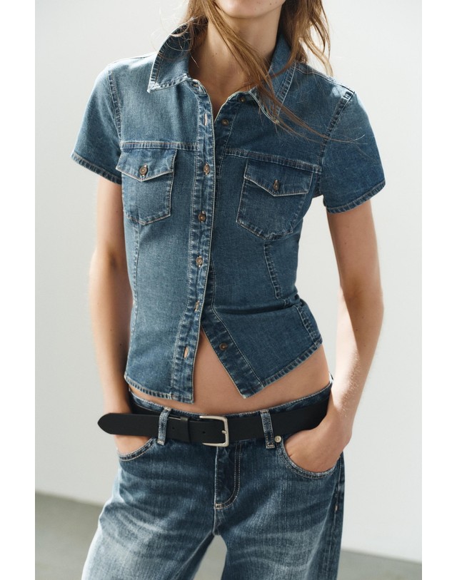 자라 자라 플랩 포켓 반팔 데님 셔츠 6929/262/400 BLUE 블루 착용컷