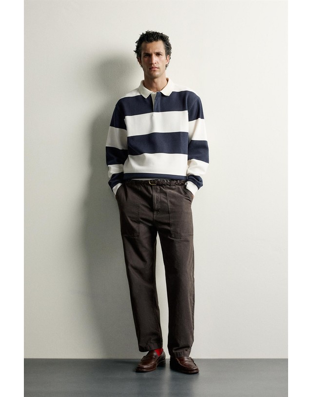 자라 자라 스트라이프 피케 긴팔 폴로셔츠 0526/325/060 WHITE / NAVY 멀티컬러 착용컷
