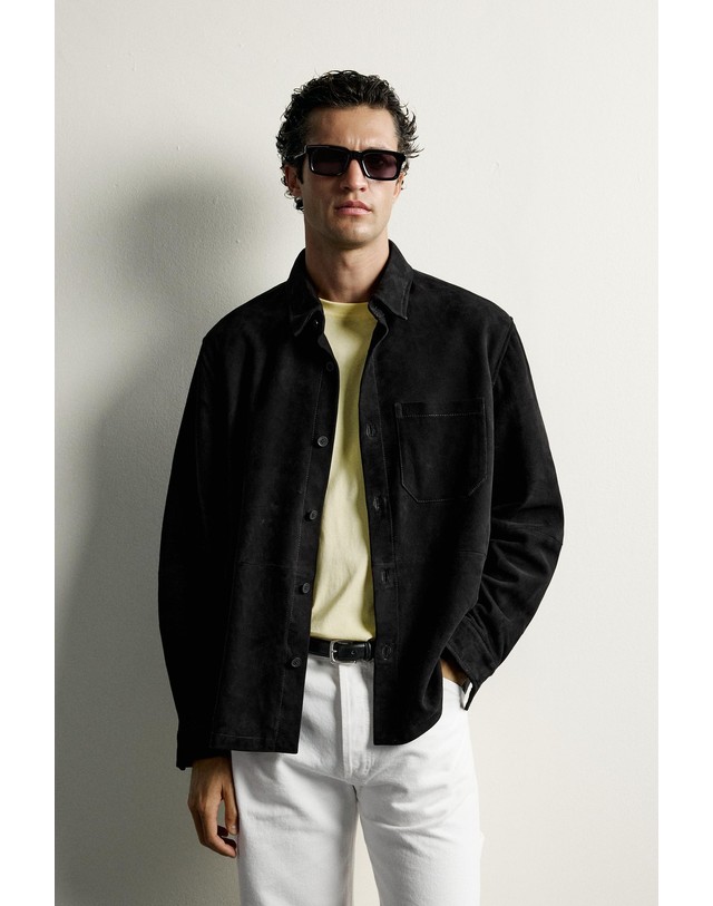 자라 자라 스웨이드 레더 오버셔츠 5388/402/030 BLUE/BLACK 블랙 착용컷