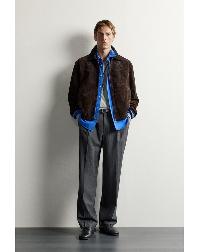 자라 자라 스웨이드 레더 배색 칼라 자켓 8281/114/700 BROWN 초콜릿 착용컷