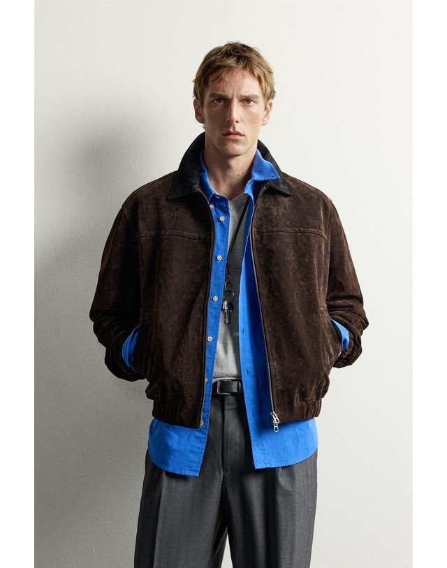 자라 자라 스웨이드 레더 배색 칼라 자켓 8281/114/700 BROWN 초콜릿 착용컷