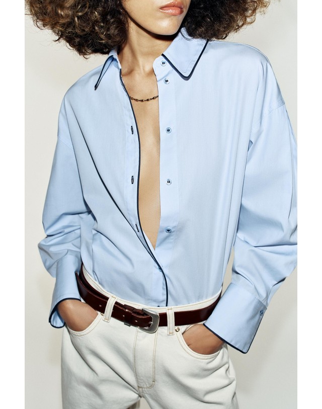 자라 자라 코튼 포플린 파이핑 긴팔 셔츠 3564/164/403 SKY BLUE 블루 착용컷