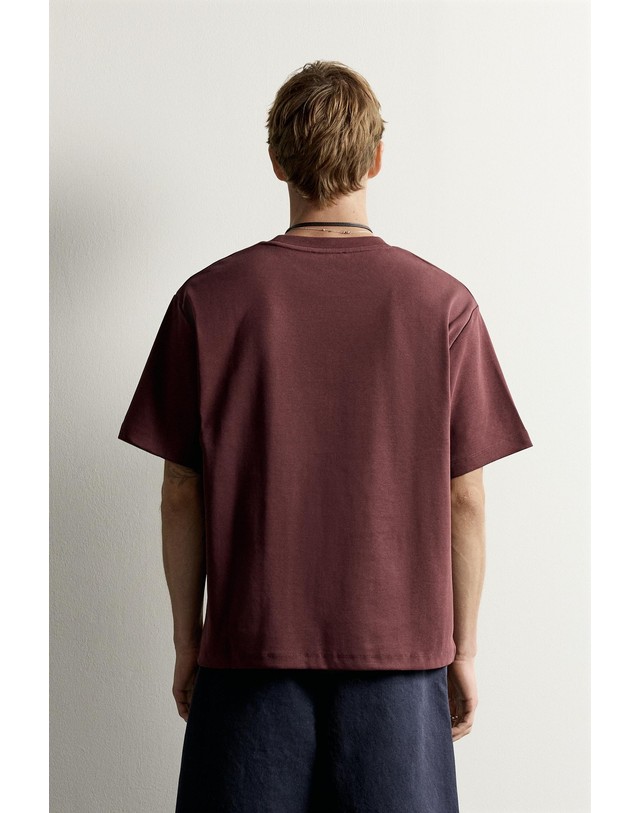 자라 자라 릴렉스핏 컴팩트 골지 반팔 티셔츠 5584/312/686 BURGUNDY 레드 착용컷