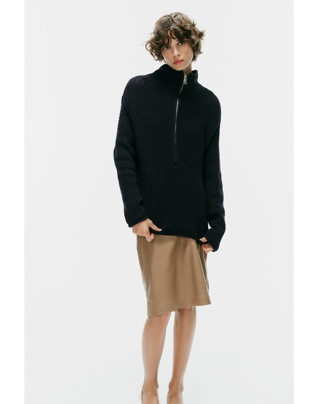 자라 자라 텍스처 하이넥 집업 니트 스웨터 6771/200/401 NAVY BLUE 네이비 착용컷