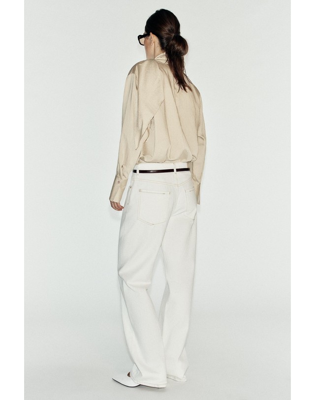 자라 자라 자수 타이넥 스트라이프 블라우스 8741/276/710 BEIGE 베이지 착용컷