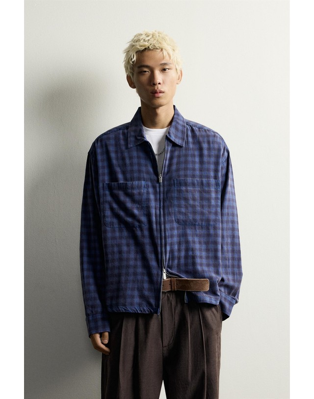 자라 자라 체크 지퍼 릴렉스핏 긴팔 셔츠 7200/335/611 PURPLE 퍼플 착용컷