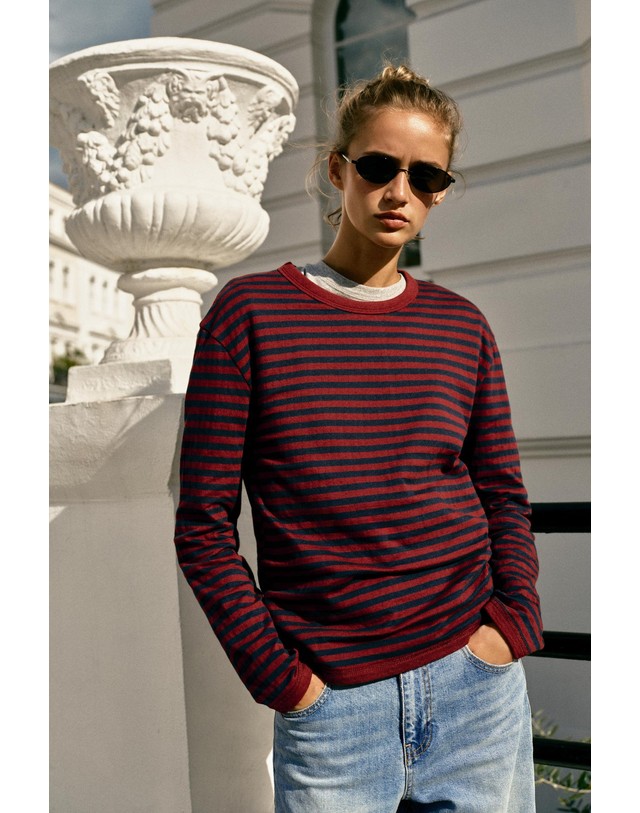 자라 자라 스트라이프 라운드넥 긴팔 티셔츠 4424/639/076 RED/NAVY 멀티컬러 착용컷