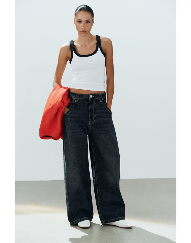 자라 자라 골지 라운드넥 민소매 탑 3253/301/060 WHITE / NAVY 멀티컬러 착용컷