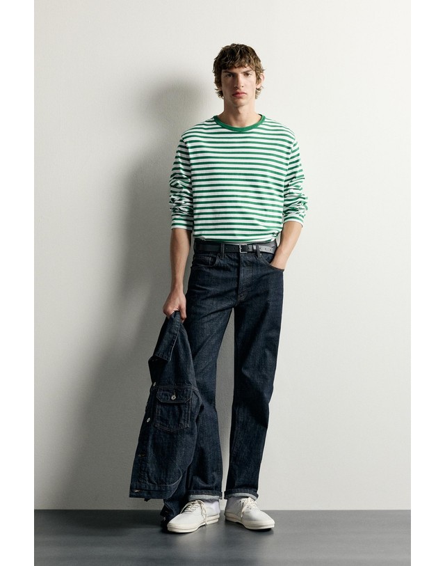 자라 자라 0FR. PARIS X ZARA 스트라이프 라운드넥 긴팔 티셔츠 0722/345/526 LIGHT GREEN 그린 착용컷