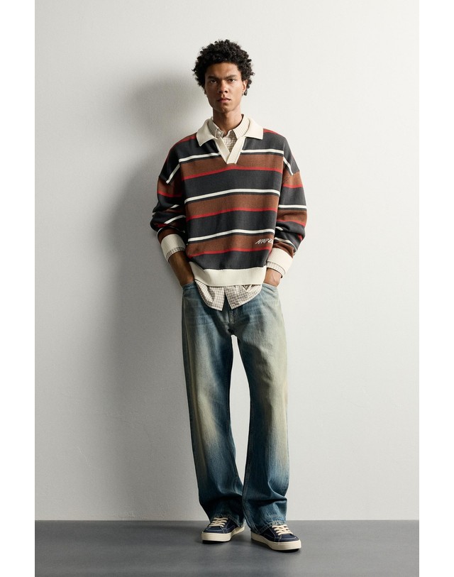 자라 자라 스트라이프 니트 긴팔 폴로셔츠 4938/309/807 ANTHRACITE GREY 멀티컬러 착용컷