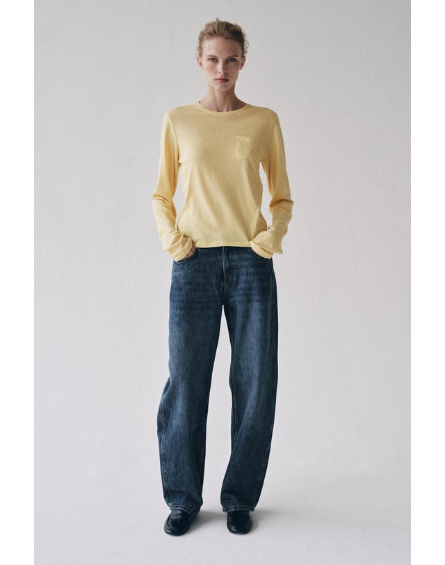 자라 자라 레귤러핏 포켓 긴팔 티셔츠 3253/114/300 YELLOW 노랑 착용컷