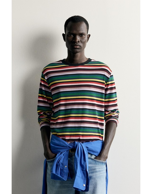 자라 자라 스트라이프 라운드넥 긴팔 티셔츠 5584/306/104 STRIPED 멀티컬러 착용컷