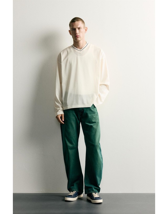 자라 자라 오픈 위브 브이넥 긴팔 티셔츠 6224/364/251 OYSTER-WHITE 아이보리 착용컷