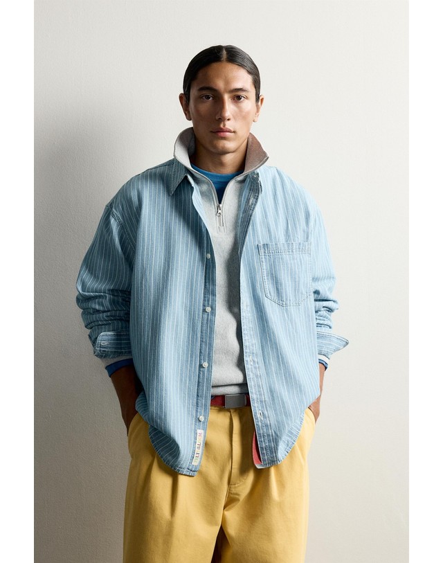 자라 자라 스트라이프 워시드 긴팔 데님 셔츠 6987/355/406 LIGHT BLUE 블루 착용컷