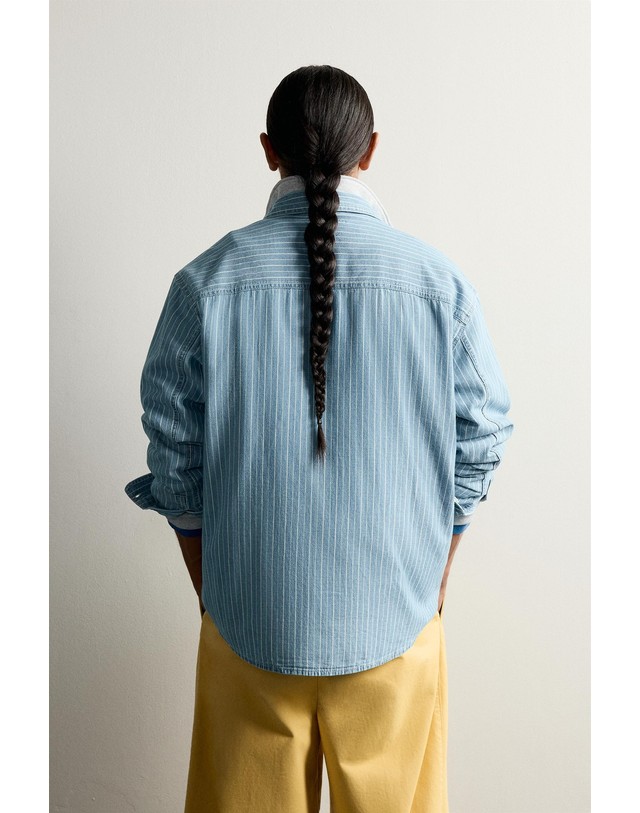 자라 자라 스트라이프 워시드 긴팔 데님 셔츠 6987/355/406 LIGHT BLUE 블루 착용컷
