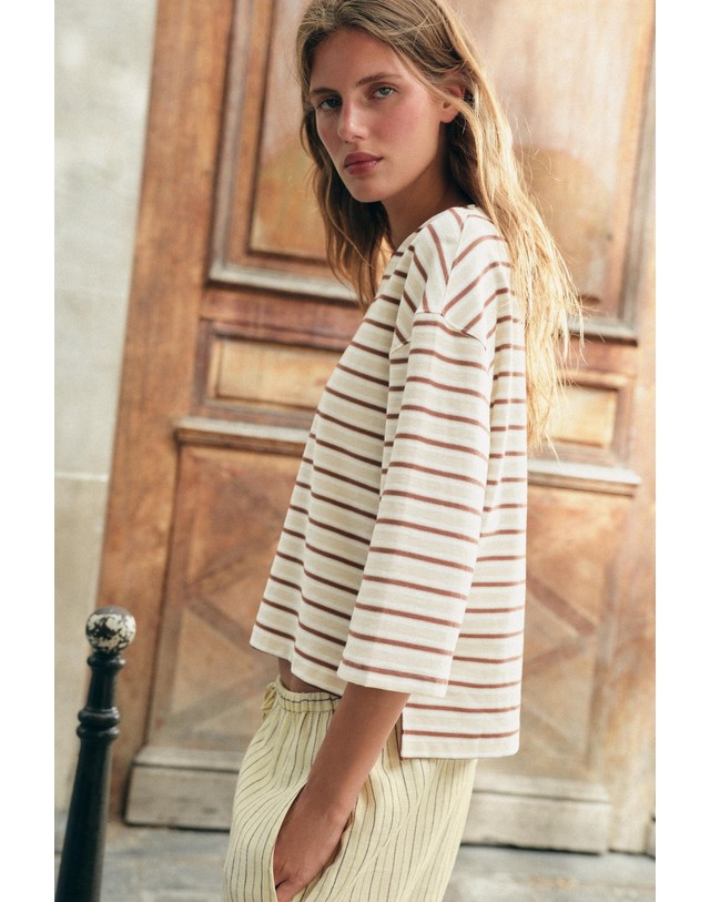 자라 자라 스트라이프 7부 소매 티셔츠 4424/628/178 BROWN STRIPES 멀티컬러 착용컷