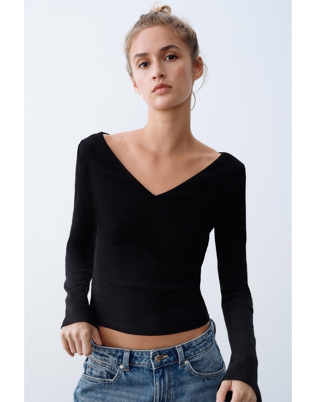 자라 자라 골지 브이넥 벨슬리브 탑 1044/631/800 BLACK 블랙 착용컷