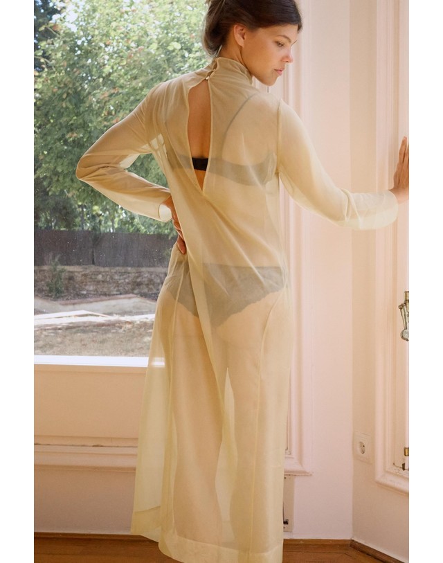 자라 자라 오간자 하이넥 긴팔 롱 원피스 4786/719/075 ECRU / BEIGE 노랑 착용컷