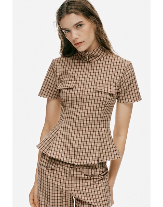 자라 자라 체크 하이넥 집업 플랩포켓 탑 3152/007/083 BEIGE-BROWN 베이지 착용컷