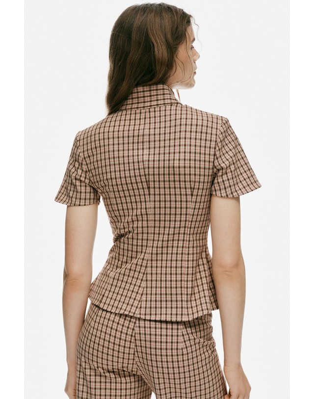 자라 자라 체크 하이넥 집업 플랩포켓 탑 3152/007/083 BEIGE-BROWN 베이지 착용컷