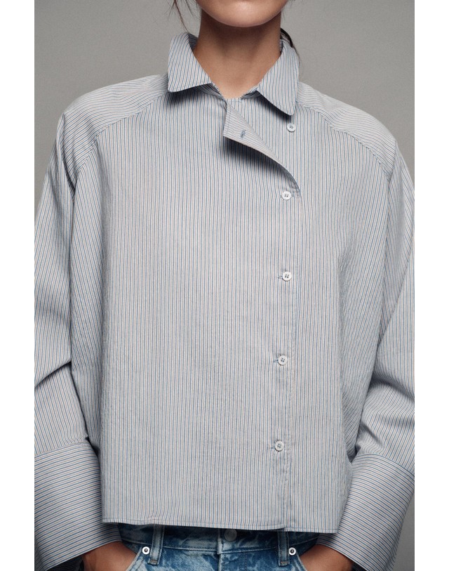 자라 자라 스트라이프 랩 더블버튼 긴팔 셔츠 1378/881/400 BLUE 블루 착용컷