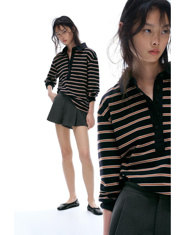 자라 자라 스트라이프 긴팔 폴로 셔츠 4174/670/049 BROWN-BLUE 멀티컬러 착용컷