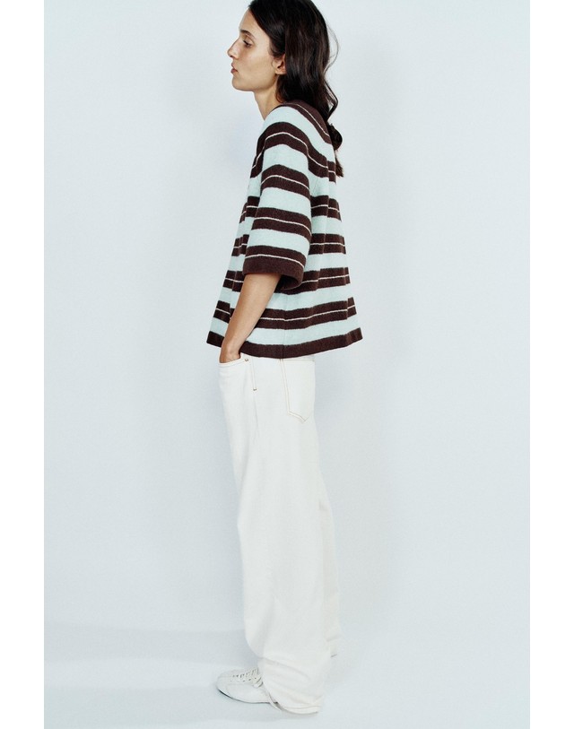 자라 자라 스트라이프 라운드넥 니트 스웨터 1509/107/049 BROWN-BLUE 멀티컬러 착용컷