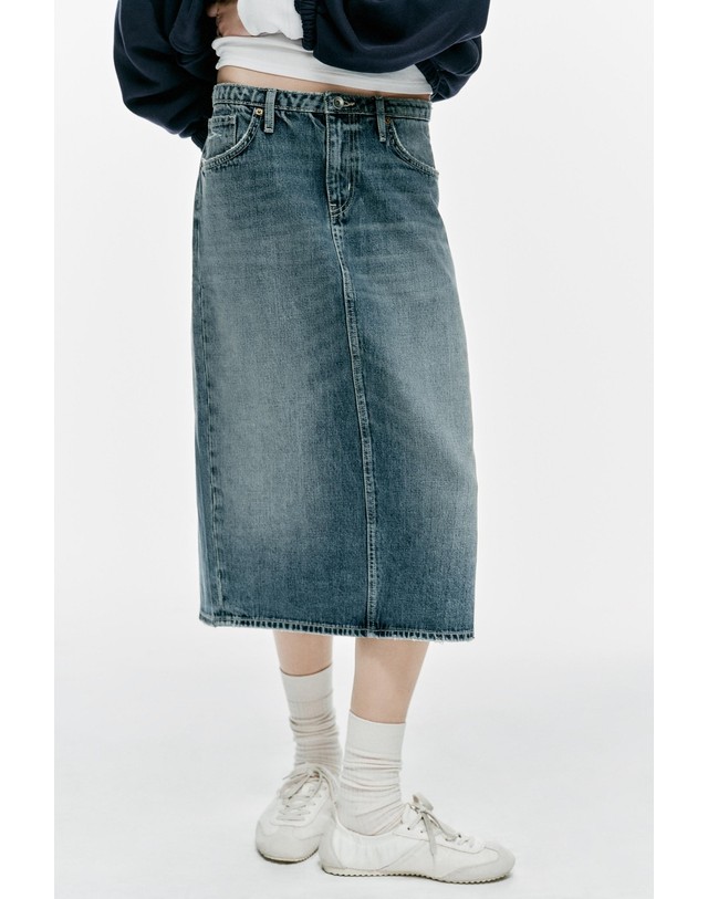 자라 자라 5포켓 워시드 데님 미디 스커트 8727/291/400 BLUE 블루 착용컷