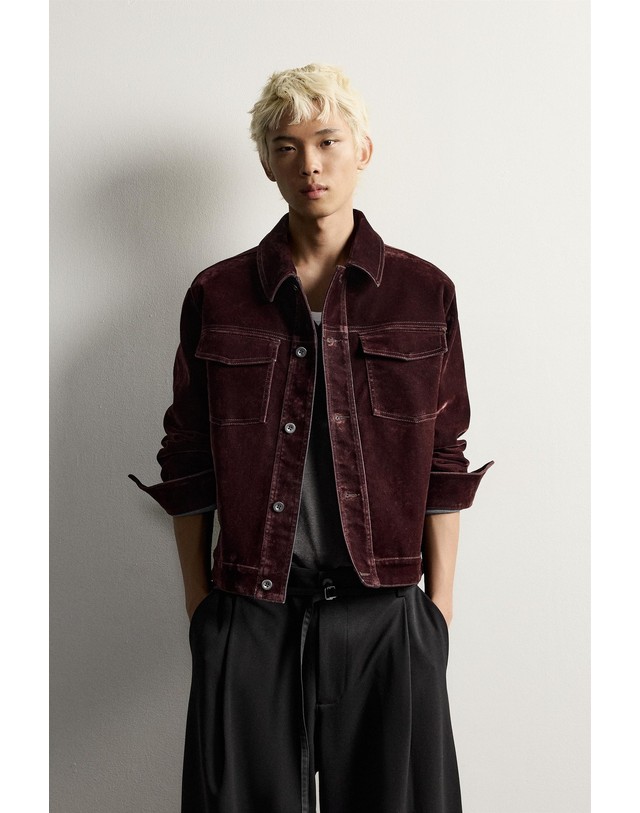 자라 자라 벨벳 이펙트 크롭 데님 자켓 8491/801/681 BURGUNDY 레드 착용컷