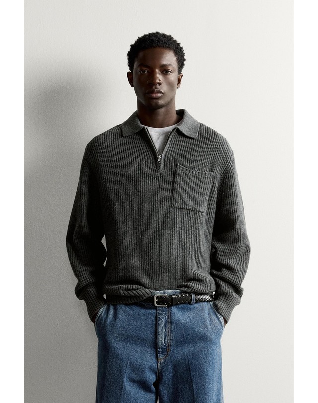 자라 자라 지퍼넥 코튼 울 니트 폴로셔츠 9598/326/807 ANTHRACITE GREY 그레이 착용컷