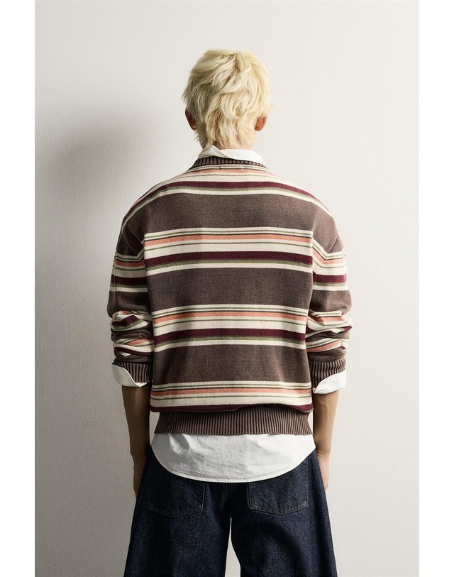 자라 자라 스트라이프 자카드 니트 스웨터 3920/130/700 BROWN 브라운 착용컷