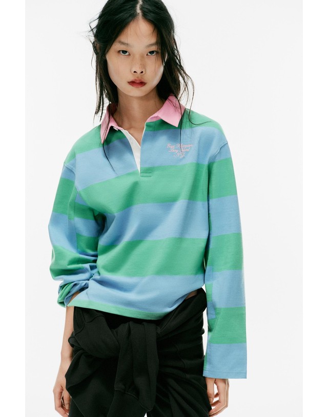 자라 자라 스트라이프 배색 칼라 폴로 셔츠 6145/115/400 BLUE 멀티컬러 착용컷