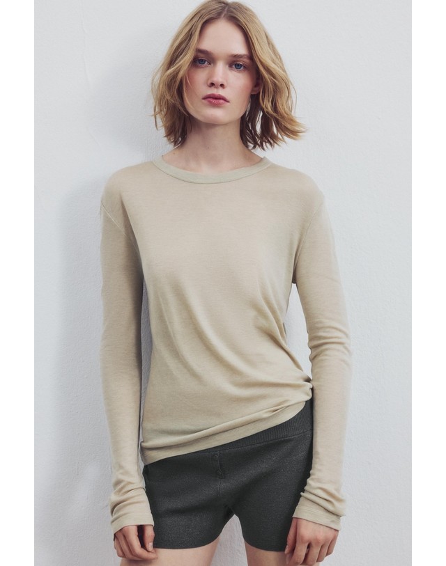 자라 자라 라운드넥 울 혼방 긴팔 티셔츠 3641/705/737 BROWN / TAUPE 베이지 착용컷