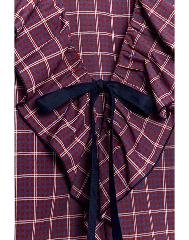 자라 자라 체크 러플 리본 V넥 블라우스 5029/133/076 RED/NAVY 멀티컬러 착용컷