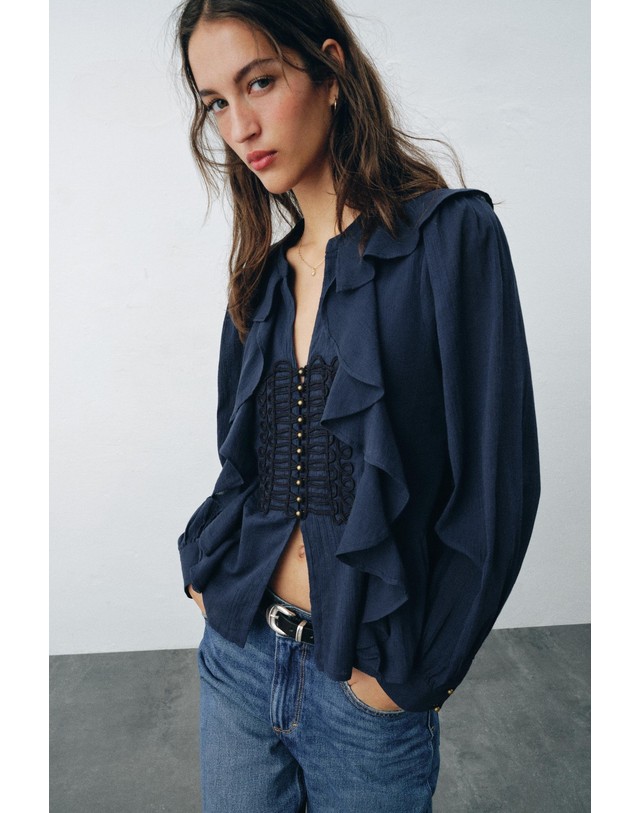 자라 자라 러플 브이넥 긴팔 블라우스 7200/228/407 BLUE 네이비 착용컷