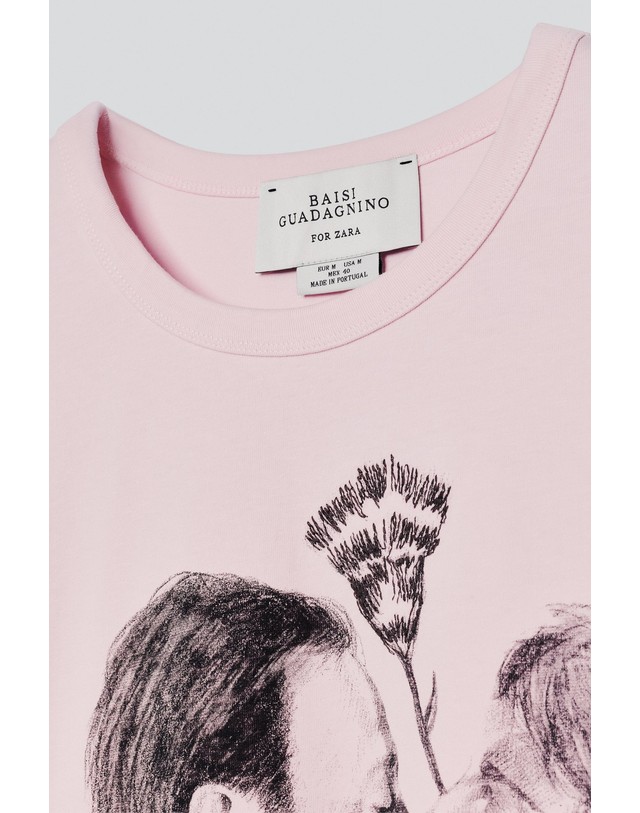 자라 자라 키스 프린트 라운드넥 반팔 티셔츠 6085/005/252 WHITE / PINK 핑크 착용컷