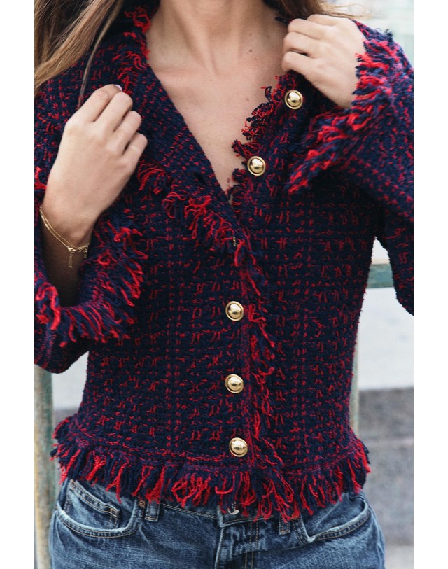 자라 자라 프레이드 라운드넥 가디건 3991/107/076 RED/NAVY 멀티컬러 착용컷