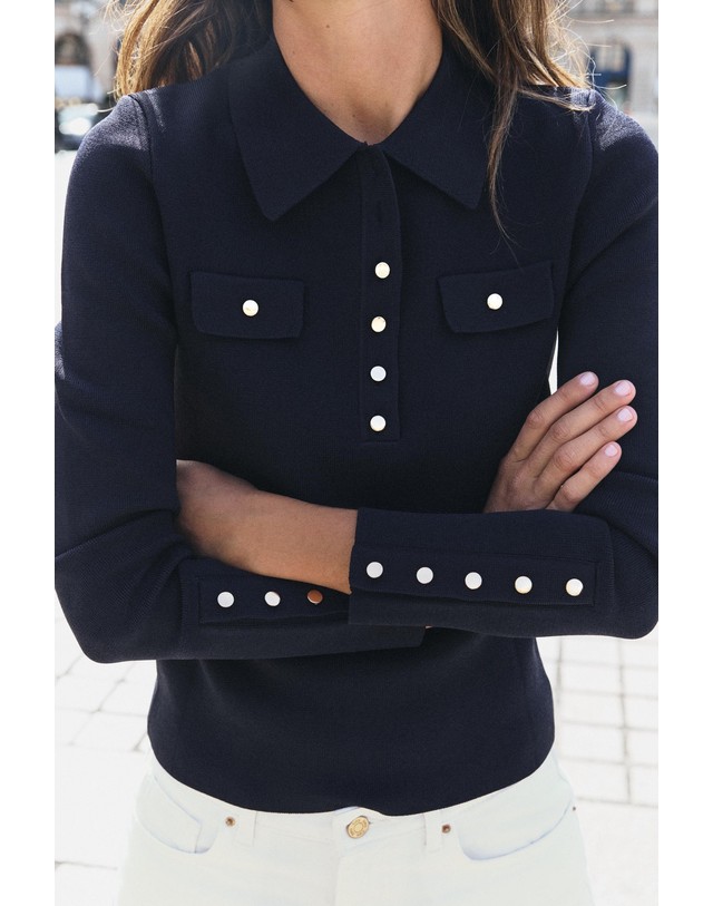자라 자라 폴로 칼라 플라켓 니트 스웨터 6873/103/401 NAVY BLUE 네이비 착용컷